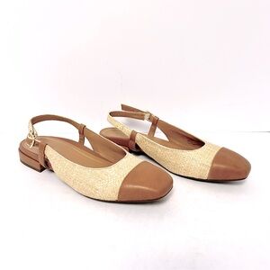 Vionic Petaluma Slingback Flats Shoe Cap Toe Raffia Leather Beige Tan Size 7